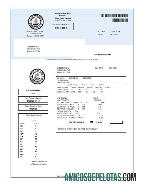 imprimível Modelo de conta de serviços públicos de água dos EUA, Flórida, em formatos Word e PDF